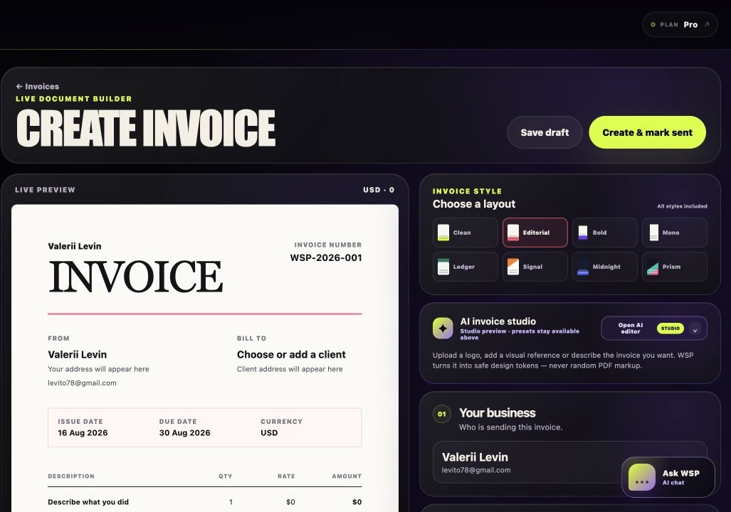 WhySoPaid invoice builder preparing an invoice draft with AI
